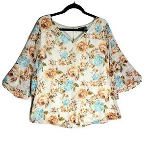 Sara Michelle Women's Blouse Floral Sheer Lined Layers Bell Sleeve Plus Size 1X